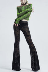 Green Long Sleeve One Word Collar Half Cut Finger Cuffs Tight Python Serpent Print Women's Punk T-Shirt